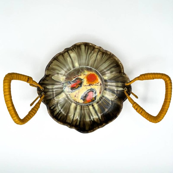 Likely Carstens Bowl West Germany Art Pottery Lava Glaze w Wicker Handles - Picture 1 of 13